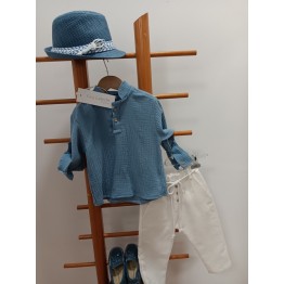 Guy Laroshe Σετ βάπτισης Σιέλ Πουκάμισο με Λευκό Παντελόνι 